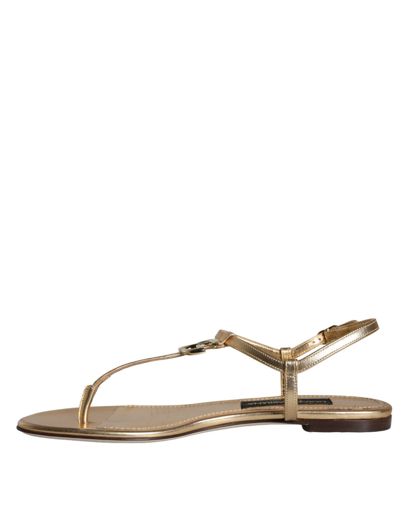 Dolce & Gabbana Gold Leather DG Logo Flats Sandals Shoes