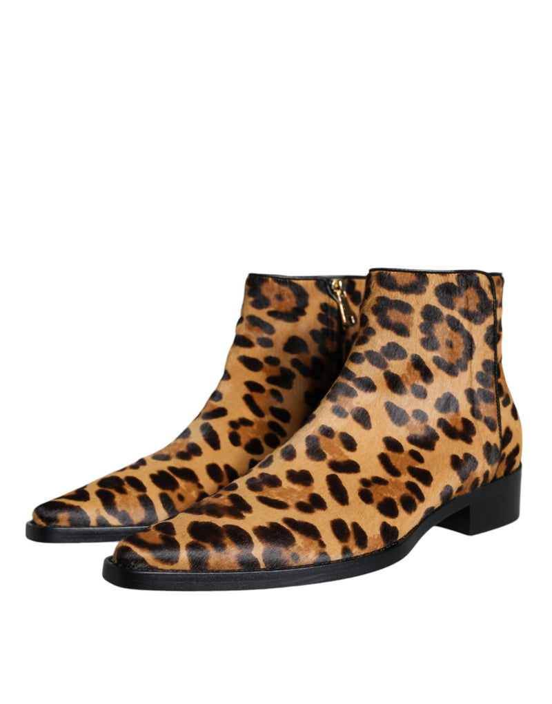 Dolce & Gabbana Brown Leopard Calf Fur Ankle Boots Shoes