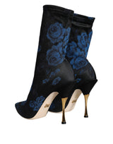 Dolce & Gabbana Black Floral Stretch Mid Calf Boots Shoes