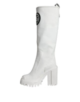 Dolce & Gabbana White Cotton Logo Heels Knee High Boots Shoes