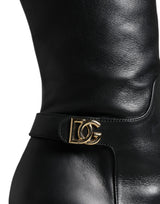 Dolce & Gabbana Black Leather Gold Tone Logo High Boots Shoes