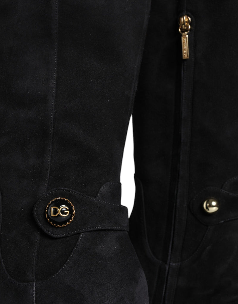 Dolce & Gabbana Black Suede Leather Logo Knee High Boots Shoes