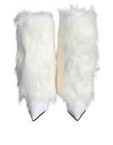 Dolce & Gabbana White Fur Leather Heels Mid Calf Boots Shoes