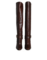 Dolce & Gabbana Brown Leather Gold Tone Logo High Boots Shoes