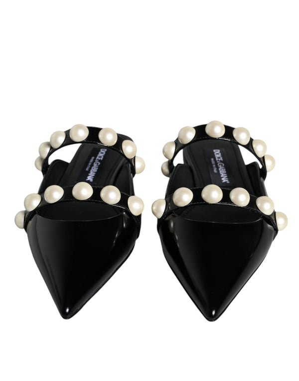 Dolce & Gabbana Black Leather Pearls Slides Sandals Shoes