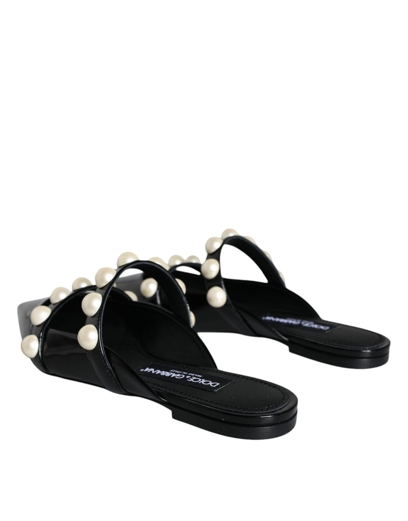 Dolce & Gabbana Black Leather Pearls Slides Sandals Shoes