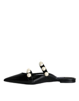 Dolce & Gabbana Black Leather Pearls Slides Sandals Shoes