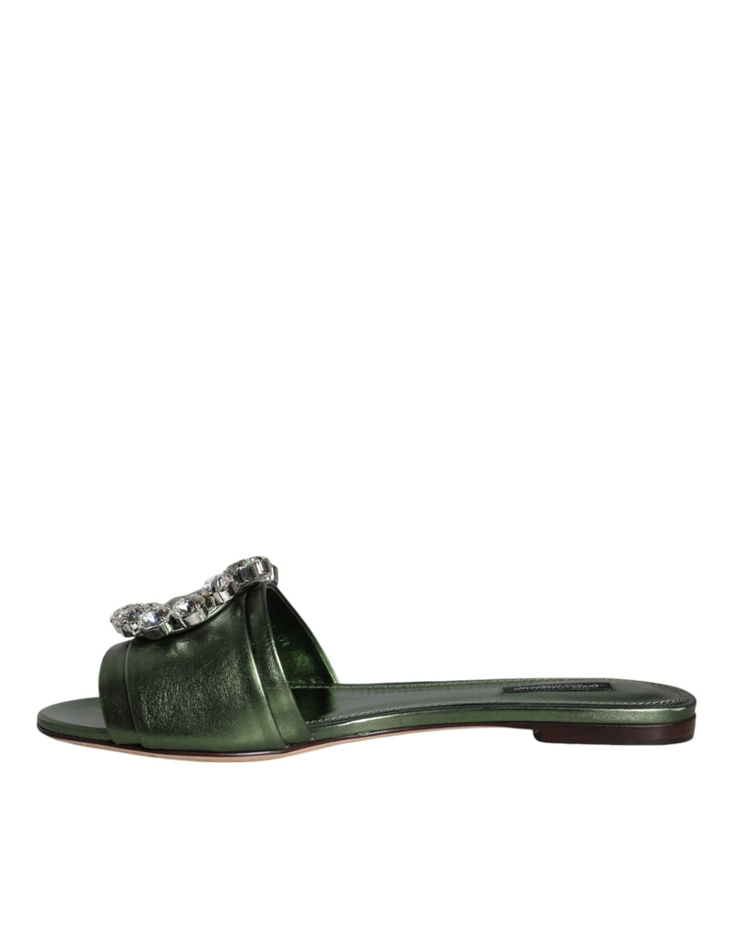 Dolce & Gabbana Metallic Green Crystal Leather Flats Sandals Shoes