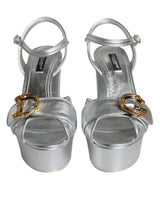 Dolce & Gabbana Silver Leather Platform Logo Keira Sandals Shoes