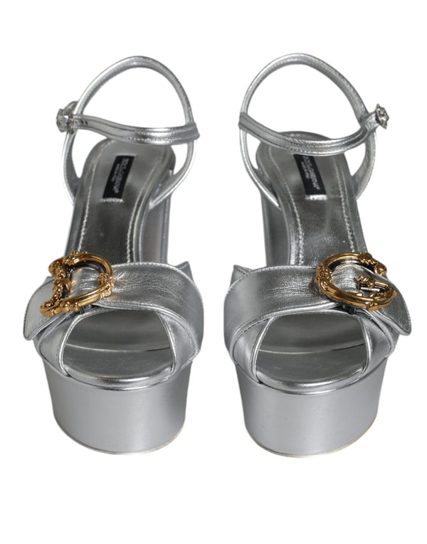 Dolce & Gabbana Silver Leather Platform Logo Keira Sandals Shoes