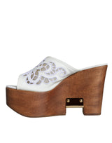 Dolce & Gabbana White Leather Wood Mules Wedge Slides Shoes