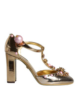 Dolce & Gabbana Gold Embellished Leather T-strap Heels Shoes