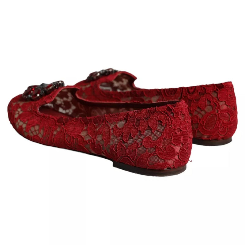 Dolce & Gabbana Red Lace Crystal Ballet Flats Loafers Shoes