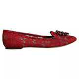 Dolce & Gabbana Red Lace Crystal Ballet Flats Loafers Shoes