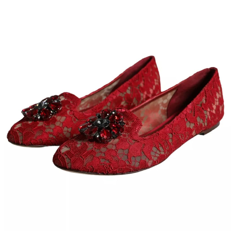 Dolce & Gabbana Red Lace Crystal Ballet Flats Loafers Shoes