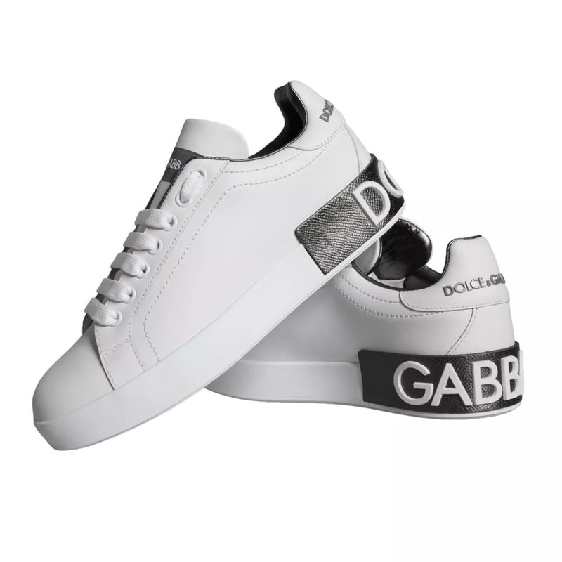 Dolce & Gabbana White Black Leather Portofino Sneakers Shoes