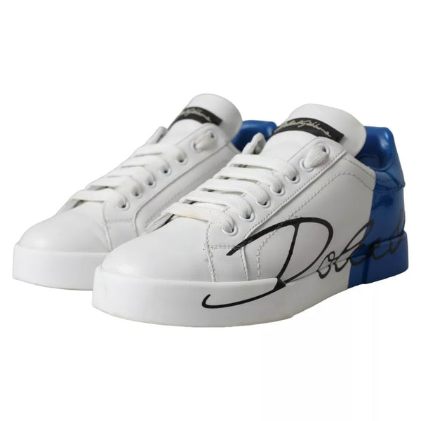 Dolce & Gabbana White Blue Portofino Low Top Leather Sneakers Shoes