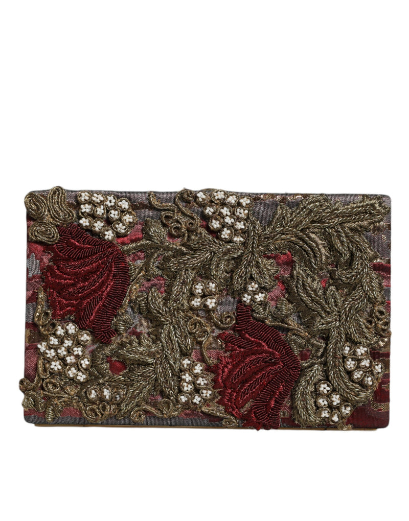 Dolce & Gabbana Maroon Gold Floral Jacquard Gold Frame Clutch Evening Purse Bag