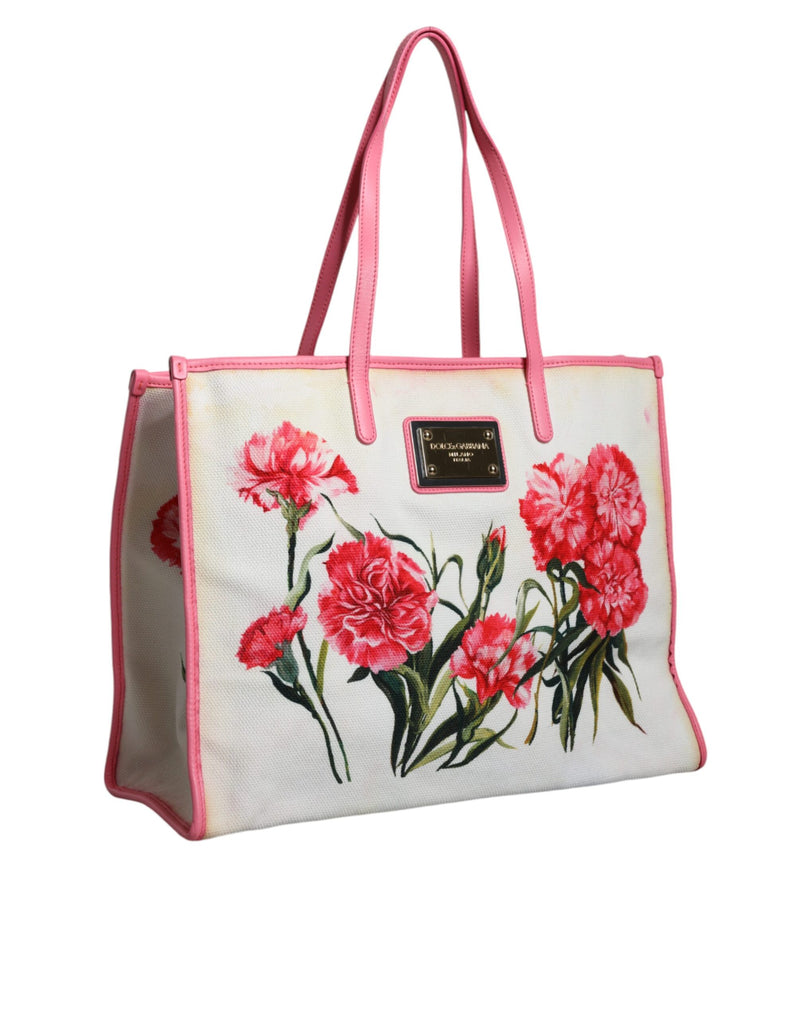 Dolce & Gabbana White Canvas Rose Embroidery Women Shopping Tote Bag