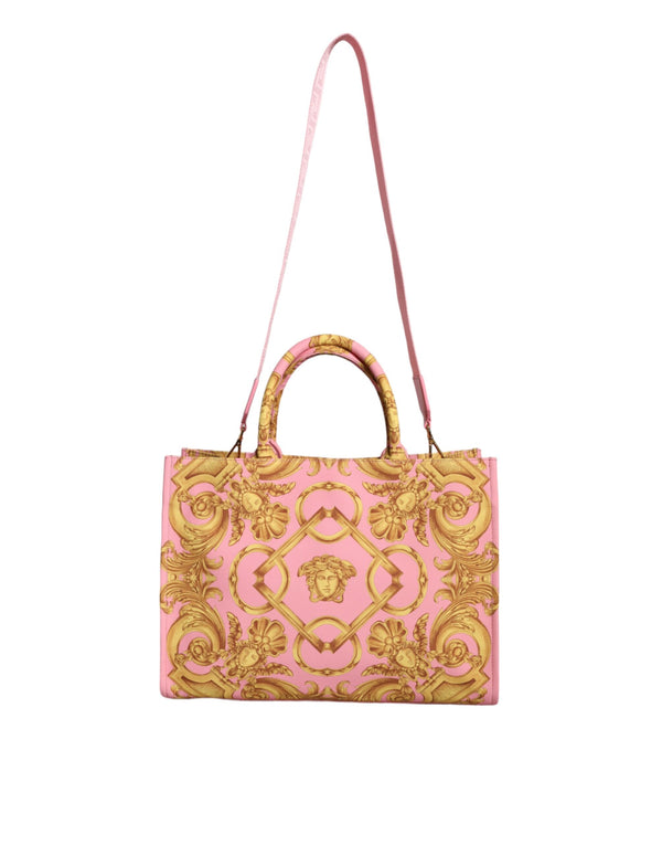 Versace Pink Printed Large Fabric Leather Shopping Tote Bag