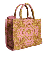 Versace Pink Yellow Baroque Fabric Leather Shopping Tote Bag