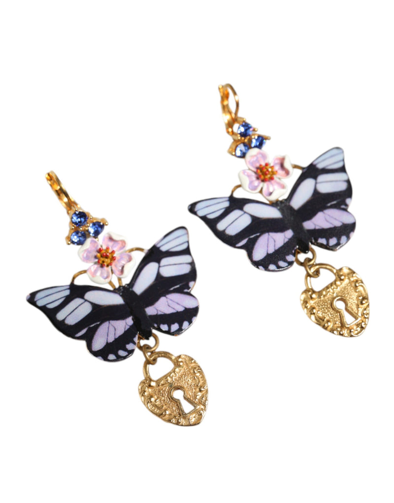 Dolce & Gabbana Gold Purple Crystal Butterfly Heart Locket Earrings