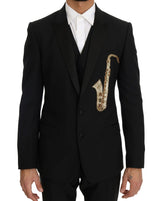 Dolce & Gabbana Elegant Black Three-Piece Suit with Saxophone Embroidery