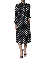 Dolce & Gabbana Black White Polka Dot Ascot Collar Midi Dress