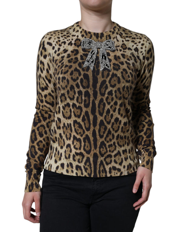 Dolce & Gabbana Brown Leopard Embellished Long Sleeve Sweater