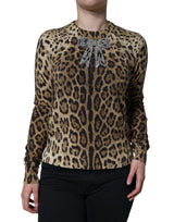 Dolce & Gabbana Brown Leopard Embellished Long Sleeve Sweater