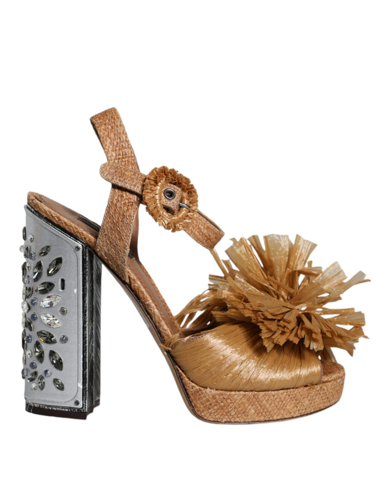 Dolce & Gabbana Brown Raffia Ankle Strap Crystal Sandals Shoes