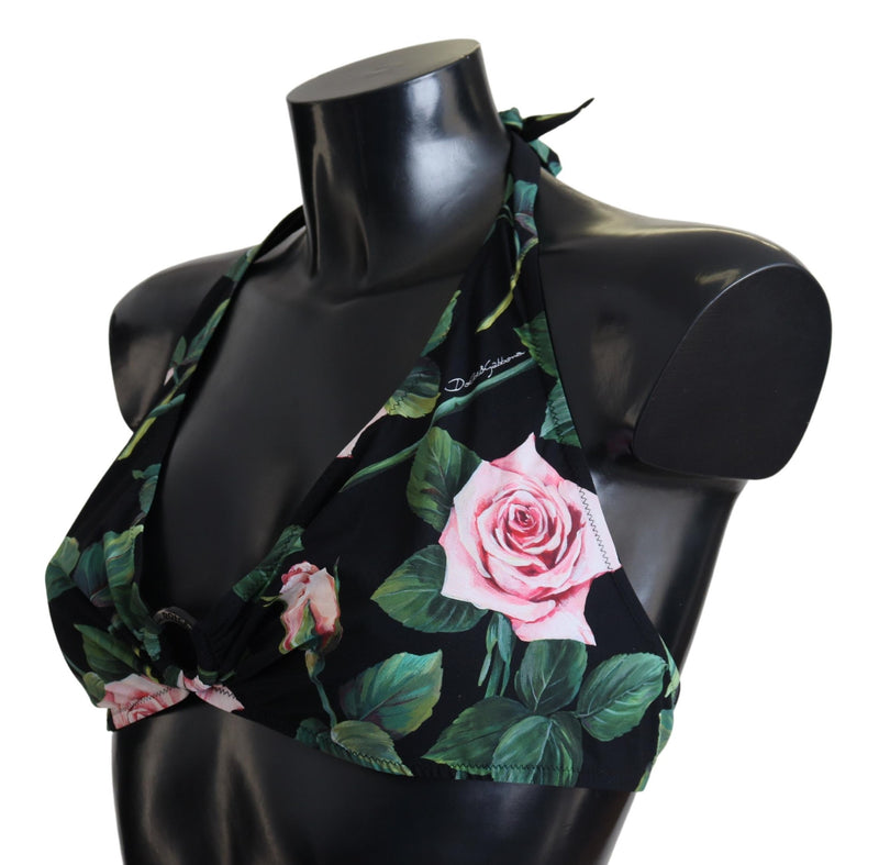 Dolce & Gabbana Black Rose Halter Beachwear Swimwear Bikini Top