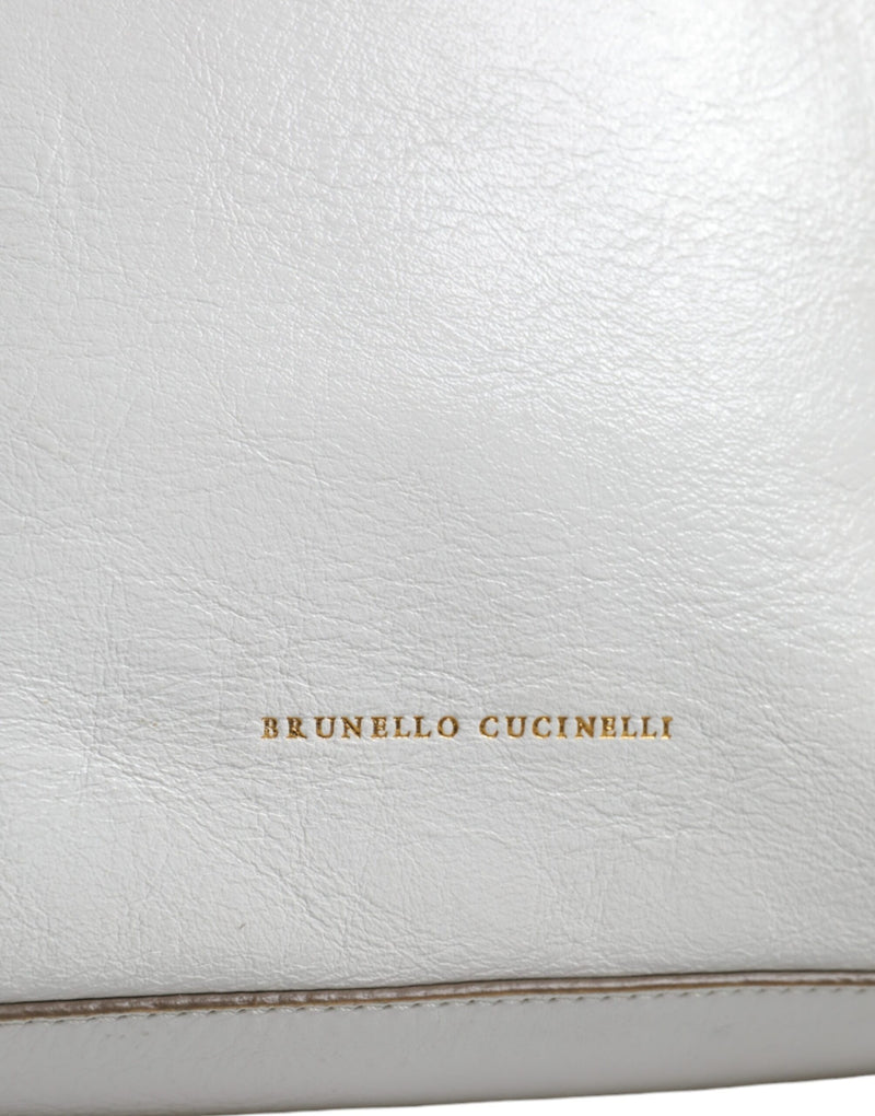 Brunello Cucinelli White Leather Logo Shoulder Strap Shopping Tote Bag