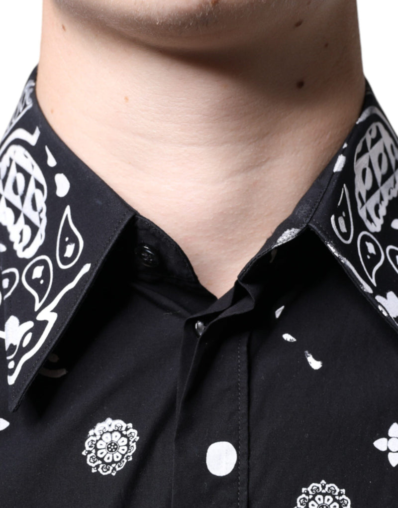 Dolce & Gabbana Black White Bandana Print Slim Cotton Shirt