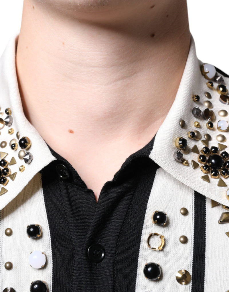 Dolce & Gabbana White Black Silk Studded Stone Crystal Shirt