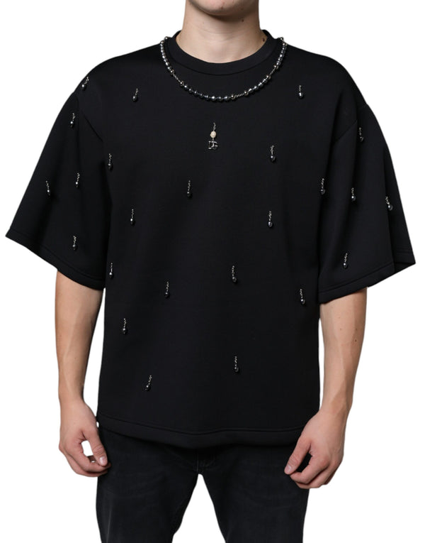 Dolce & Gabbana Black Polyester Necklace Embellished T-shirt