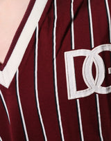 Dolce & Gabbana Maroon Stripes Cotton Logo V-neck T-shirt