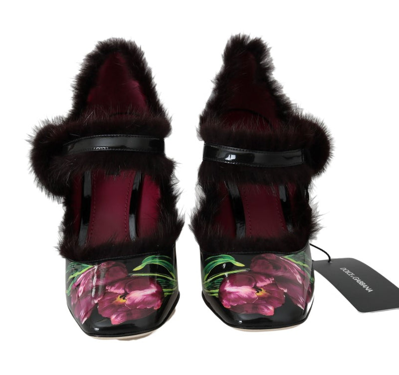 Dolce & Gabbana Black Purple Tulip Print Fur Mary Janes Pumps