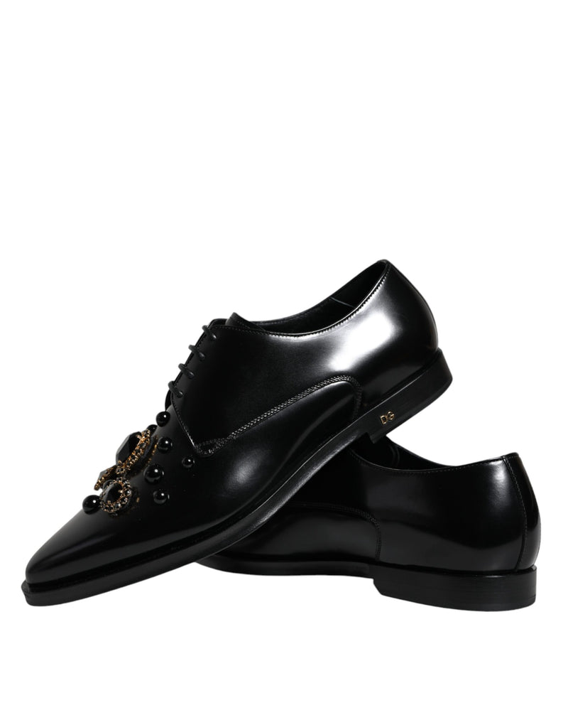 Dolce & Gabbana Black Leather Crystal Lace Up Formal Shoes