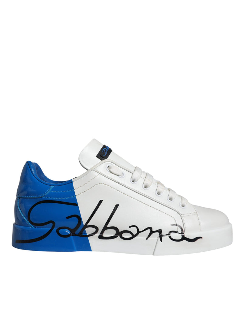 Dolce & Gabbana White Blue Leather Logo Low Top Sneakers Shoes