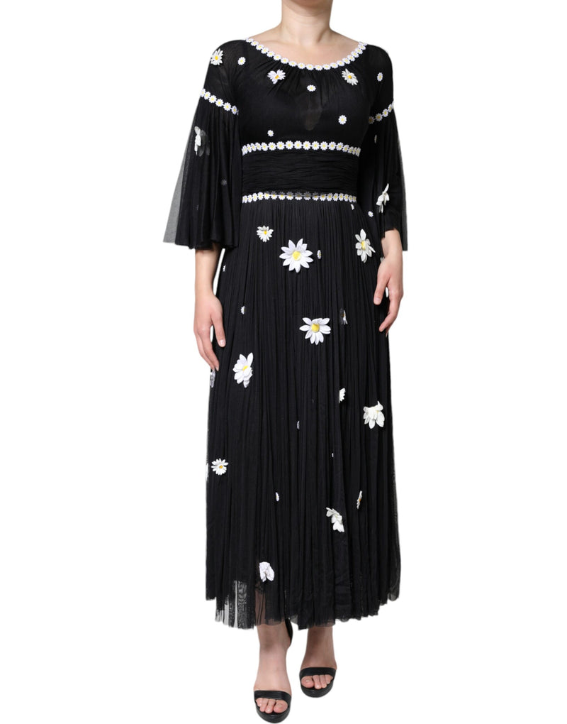 Dolce & Gabbana Black Silk Daisy A-line Long Maxi Dress