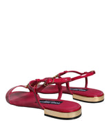 Dolce & Gabbana Red Leather Logo Ankle Strap Flats Sandals Shoes