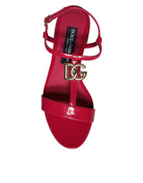 Dolce & Gabbana Red Leather Logo Ankle Strap Flats Sandals Shoes