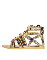 Dolce & Gabbana Gold Leather Crystal Gladiator Sandals Flats Shoes