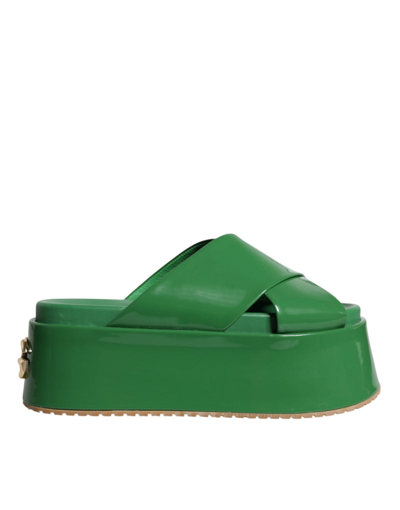 Dolce & Gabbana Green Leather Wedge Slides Sandals Shoes