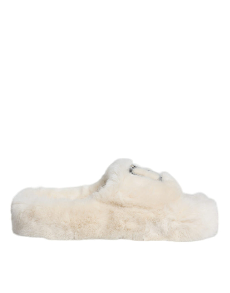 Dolce & Gabbana Beige Faux Fur Slides Flats Sandals Shoes