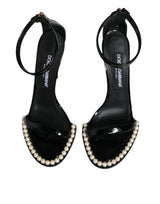 Dolce & Gabbana Black Keira Leather Faux Pearl Sandals Heels Shoes