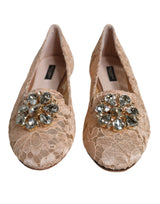 Dolce & Gabbana Beige Lace Crystal Ballet Flats Loafers Shoes