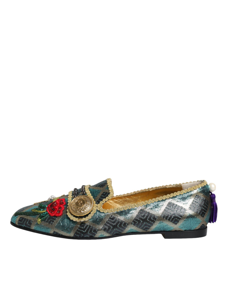 Dolce & Gabbana Multicolor Jacquard Embellished Loafers Shoes