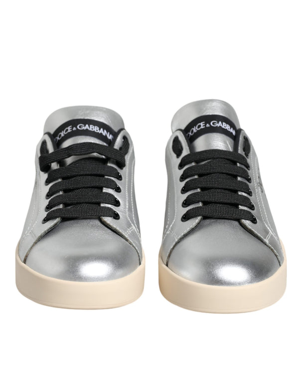 Dolce & Gabbana Silver Calf Leather Portofino Sneakers Shoes